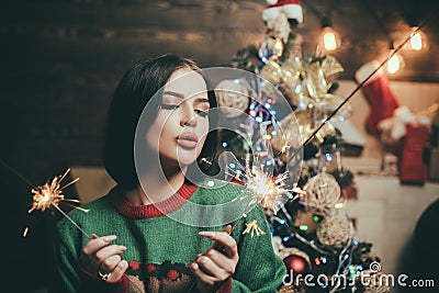 santa dominatrix woman posing on vintage background. Christmas gift. Christmas fashion. Costume party concept Stock Photo
