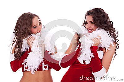 santa women looking at each other Stock Photo