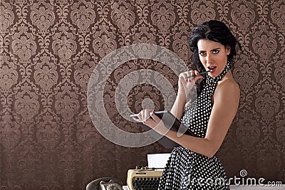 secretary provocating clients, vintage scene Stock Photo