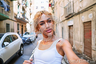 Sexy shemale woman posing and doing selfie Stock Photo