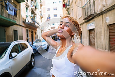 Sexy shemale woman posing and doing selfie Stock Photo