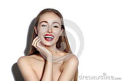 smiling woman with Glamour Red Lips, bright Makeup, clean Skin. Smile with White Teeth. Happy Fashion Girl Stock Photo