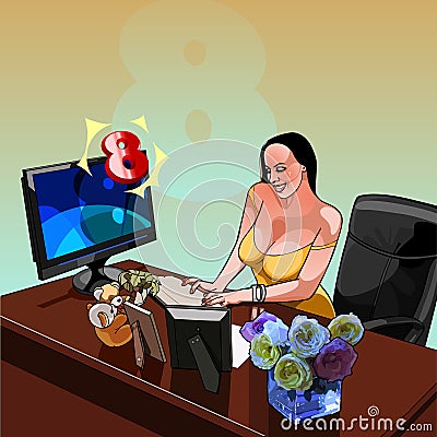 smiling woman sitting at a desk with a computer eighth of march Vector Illustration