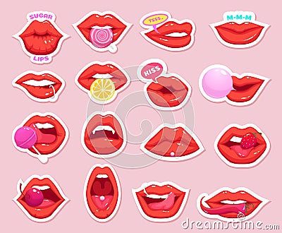 Sexy stickers. Retro patch girl lips kiss candy cherry vector badges collection Vector Illustration