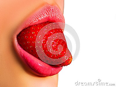 Sexy strawberry tongue, erotica. Woman mouth, passion lick and sensual suck. Summer cocktail. Stock Photo