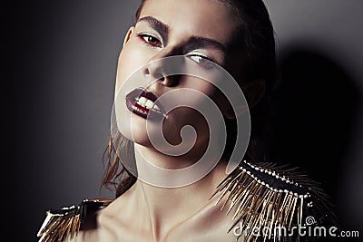 strict woman with red lips and epaulettes Stock Photo