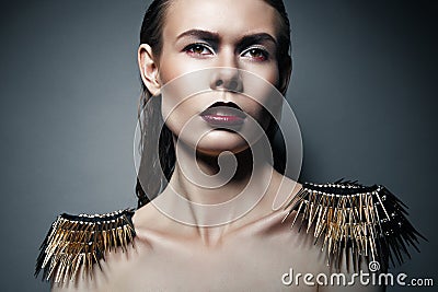 strict woman with red lips and epaulettes Stock Photo