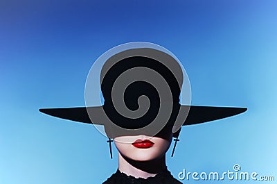 The strict woman with red lips in a hat. Close-up Portrait Stock Photo