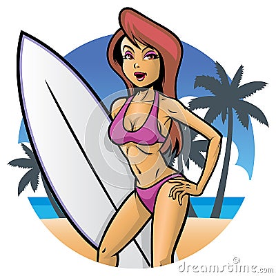 surfer girl on the beach Vector Illustration