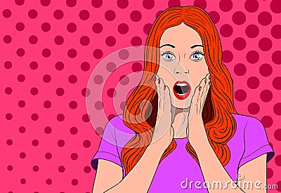 Sexy surprised redhead girl in dress on striped pink background. Colorful vector illustration of woman. Pop art style. Vector Illustration