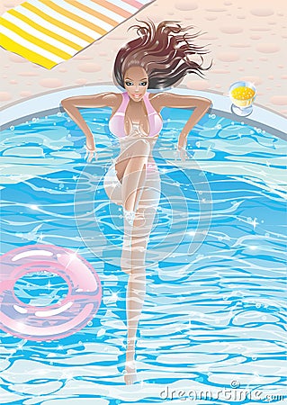 tanned brunette glamor girl in a swimming pool Vector Illustration