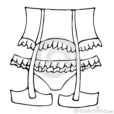 Sexy underwear for woman - lace panties with a belt for stockings, vector elements in doodle style with a black outline Vector Illustration