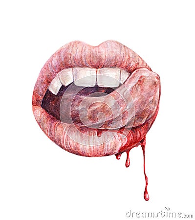 vampire mouth. Watercolor drawing. Handwork Stock Photo