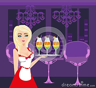 waitress serves colorful drinks Vector Illustration