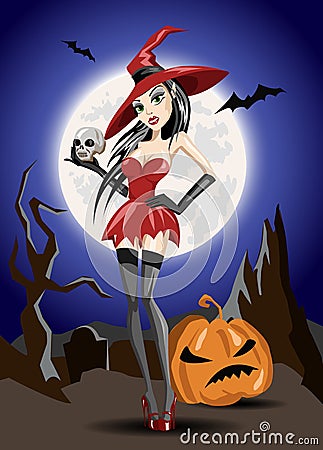 witch in a red dress and stockings and hat Vector Illustration