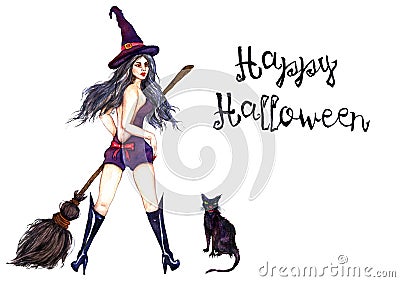 witch standing in hat with broom and black cat Stock Photo