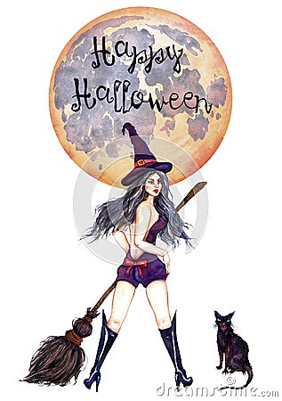 witch standing in hat with broom and black cat Stock Photo