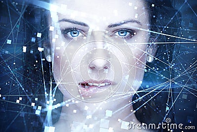 woman artificial intelligence with connections bite lips Stock Photo