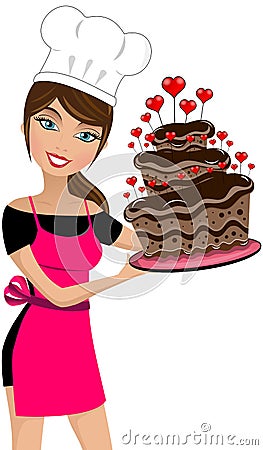 Woman Chef Valentine Day Big Chocolate Cake Vector Illustration