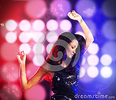 Sexy woman dancing in disco or club party with color light in background with energy to dj music. Young crazy female Stock Photo