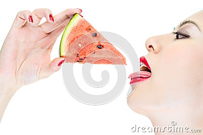 woman desire eating watermelon with red lips, Thirst Stock Photo