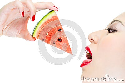 woman desire eating watermelon with red lips, Thirst Stock Photo