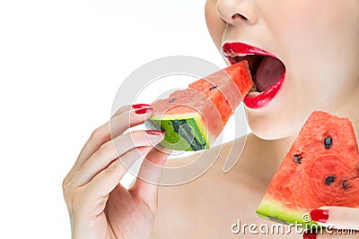 woman enjoy eating watermelon with red lips, bite, Greedy Stock Photo