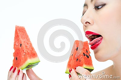 woman enjoy eating watermelon with red lips, Greedy, Lickin Stock Photo