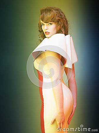 woman in latex red and white dress Stock Photo