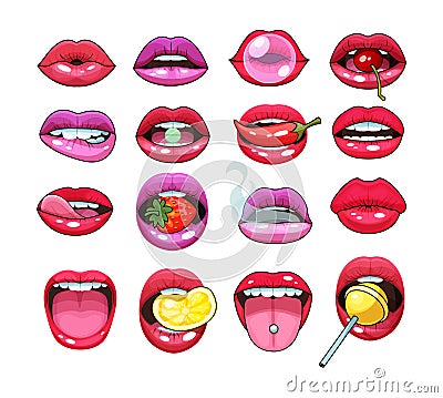 Sexy woman mouth set. Red sexy girls lips stickers expressing emotions smile, kiss, discontent, modesty, show tongue. Sexy sensual Vector Illustration