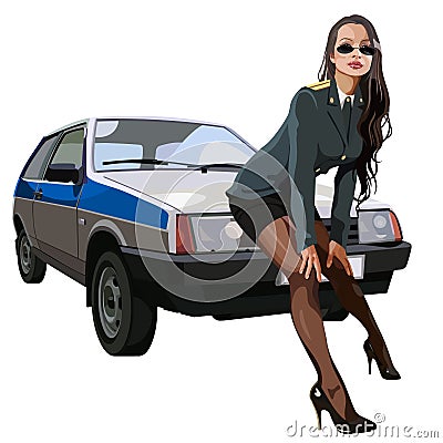 woman in police uniform leaned against the car Lada Vector Illustration