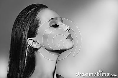 woman portrait with perfect makeup. Beauty Fashion model girl black and white portrait. Close up portrait of elegant luxuri Stock Photo