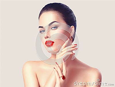 woman with red lips and nails closeup Stock Photo