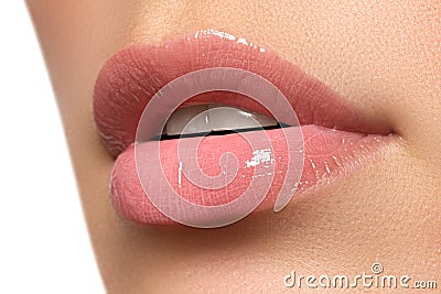 woman's lips. Beauty lips make-up. Beautiful make-up. Sensual open mouth. Lipstick and lip gloss. Natural full lips Stock Photo