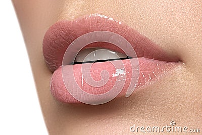 woman's lips. Beauty lips make-up. Beautiful make-up. Sensual open mouth. Lipstick and lip gloss. Natural full lips Stock Photo