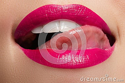 woman's lips. Beauty lips make-up. Beautiful make-up. Sensual open mouth. Lipstick and lip gloss. Natural full lips Stock Photo