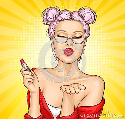 Sexy woman sending air kiss with closed eyes. Vector Illustration