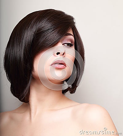 woman with short black hair. Hair style. Stock Photo