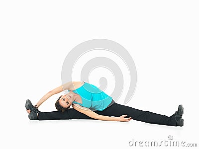 woman showing fitness moves, white background Stock Photo