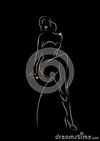 woman silhouette diva Hollywood drawn in gold, golden girl outline drawing shiny in black background, burlesque pin up Vector Illustration