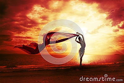 Woman Silhouette over Red Sunset Sky, Sensual Female Beach Stock Photo