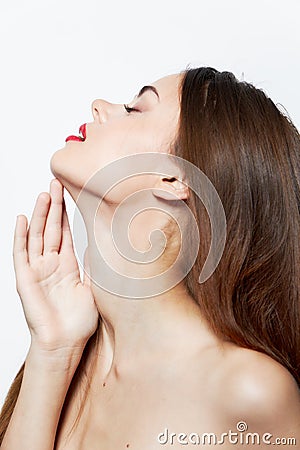 Sexy woman tilted her head back with her mouth open clear skin Stock Photo