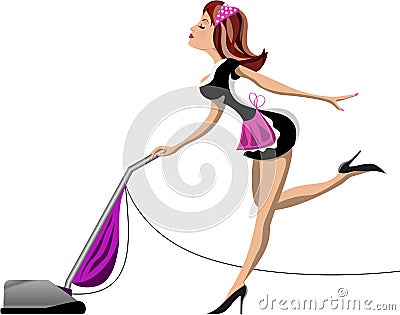 Woman Using Vacuum Cleaner Vector Illustration