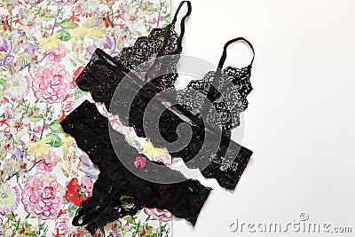 Sexy women lingerie. Beautiful black lace sexy lingerie on a white background. The concept of erotic linen, a date, a Stock Photo