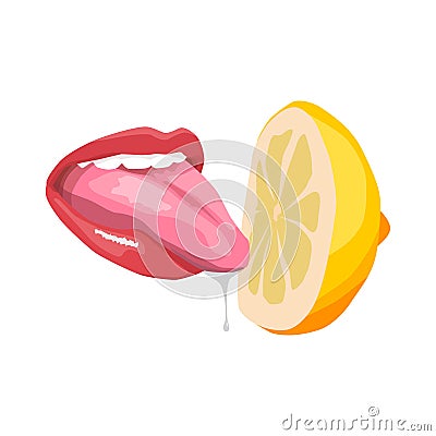 Sexy women`s tongue with saliva licks or tastes lemon. Attractive female mouth. Vector Illustration