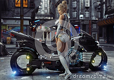 young female in modern attire posing with her custom science fiction light cycle motorcycle in a futuristic urban background Stock Photo