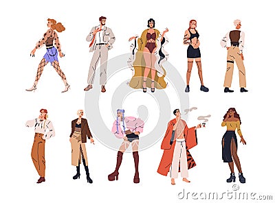 Sexy young men, women in sassy fashion clothes, funky outfits. Cool seductive people wearing teasing sexual apparel in Vector Illustration