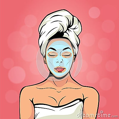 young woman in bath towel with cosmetic mask on her face. Pop art vector illustration Vector Illustration