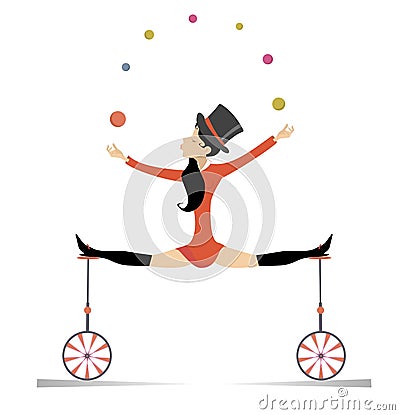 Equilibrist woman on the unicycle juggles balls illustration Vector Illustration