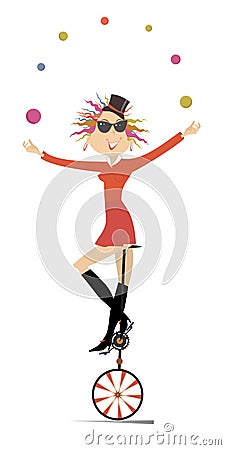 Equilibrist woman on the unicycle juggles balls illustration Vector Illustration